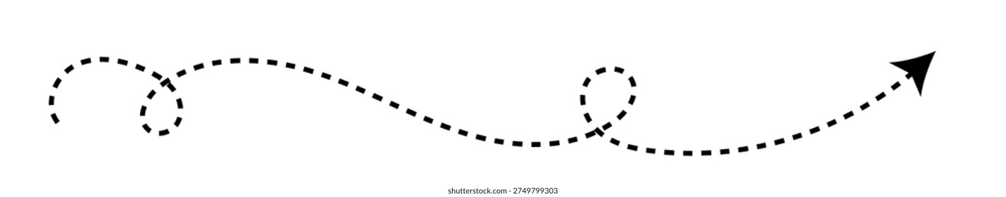 Long dash line arrow set. Curve horizontal dot direction, squiggly dotted arrows, long thick dashed path for infographic, travel map, narrow broken way vector illustration