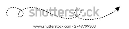 Long dash line arrow set. Curve horizontal dot direction, squiggly dotted arrows, long thick dashed path for infographic, travel map, narrow broken way vector illustration