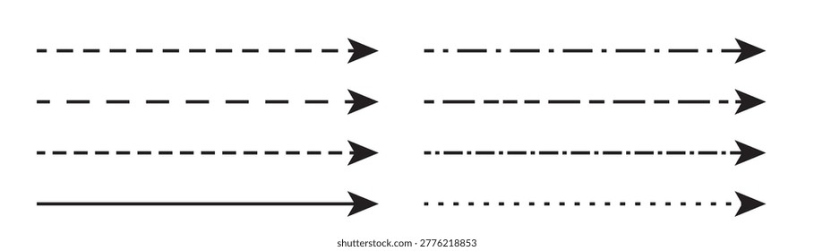 Long dash straight line arrow set. Horizontal dot direction, dotted thin arrows, long thick dashed path for infographic, travel map, narrow broken way vector illustration