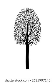 Long decorative stylized hand drawn black and white forest tree illustration, leafless silhouette with gothic fairy tale aesthetic for spooky seasonal Halloween design, textile pattern, wood theme art