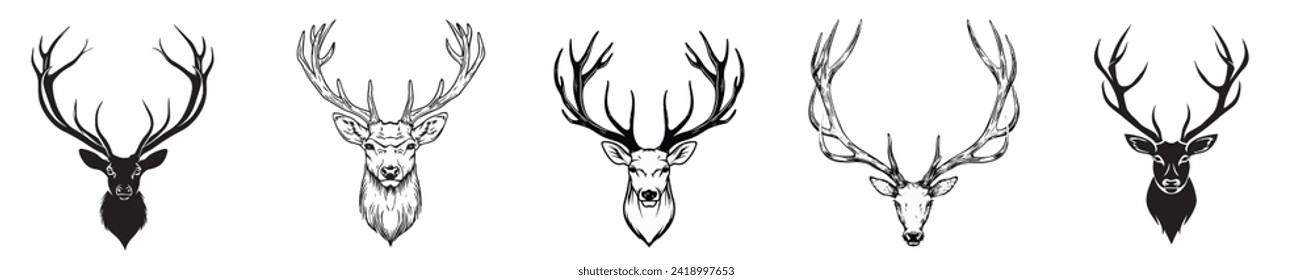 Long Deer Antlers Black and White Silhouette Vector Laser Cut T- Shirt Design Print Bundling