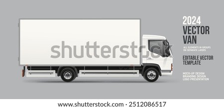 Long Delivery Truck Side view blank mockup. White Cargo Van with space for text or your branding design - realistic editable vector. Horizontal blank for AD banner and advertesment on vehicle