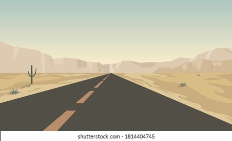 a long desert road with cactus plants and hills behind it with sunset. Vector illustration, background.