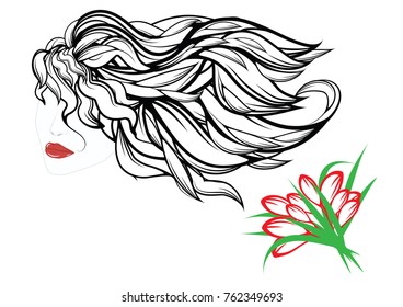 Long developing hair - woman's face red lips, bouquet of   tulips - isolated on white background -art   vector .  