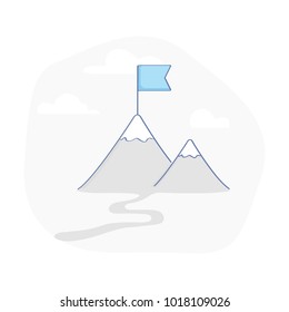 Long difficult business way to Success. In the distance on the mountain you can see the flag - Purpose, Goal, Aim, Career Opportunity, Professional Growth, Mission, Destination Point. Vector icon