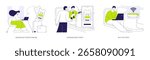 Long distance bus abstract concept vector illustration set. Buying intercity bus tickets online, inspector checking bus e-ticket, Wi-Fi hot spot, urban transportation services abstract metaphor.