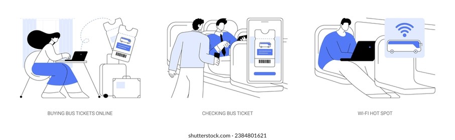 Abstrakter Fernbus-Konzept, Vektorgrafik-Set. Der Online-Kauf von Intercity-Bustickets, die Überprüfung des Bus e-Tickets durch den Prüfer, Wi-Fi Hotspot, abstrakte Metapher für städtische Transportdienste.