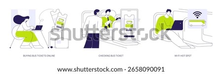 Long distance bus abstract concept vector illustration set. Buying intercity bus tickets online, inspector checking bus e-ticket, Wi-Fi hot spot, urban transportation services abstract metaphor.