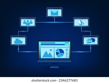 Long distance communication technology via the Internet which is used both to talk and send business information through computer equipment Vector computer connected icons