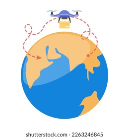 Long distance delivery by drone vector illustration. Drone carrying box above planet to another part of world isolated on white background. Delivery, shipping, modern technology concept