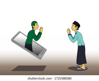 Long distance in eid mubarak. handshake with video call.