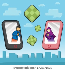 Long distance greeting on Eid day or Pandemic condition concept. Tele conference on Eid al Fitr vector. Eid al FItr greeting illustration cartoon illustration