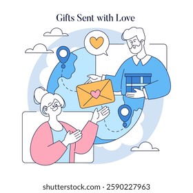 Long Distance Love concept. Celebrating connection through sending gifts across distances. Expressing affection with letters and packages, bridging emotional gaps that separations create. Vector