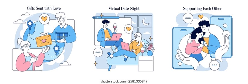 Long Distance Love Concept. Exploring the emotional connections and activities in long-distance relationships. Sending gifts, virtual date nights, and mutual support highlight love that transcends