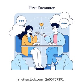 Long Distance Love concept. Exploring a couple's first encounter over coffee, suggesting the excitement of new connections. The interaction blends communication and emotional engagement. Vector