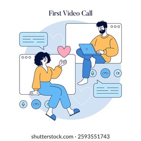 Long Distance Love concept. The illustration captures a joyful first video call between two individuals in a long-distance relationship, showcasing their connection through technology. Emotions like