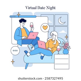 Long Distance Love concept. Virtual date night for couples separated by distance. Engaging in conversations through technology brings connection and intimacy. A cozy setting enhances emotional bonding