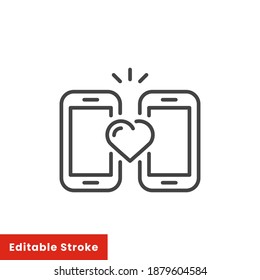 long distance love icon, online lovers, dating and relationship in a mobile, thin line web symbol on white background - editable stroke vector illustration eps10