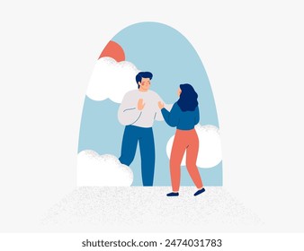 Long distance love relationships between man and woman. Couple is separated by obstacles and invisible barriers. Family reunification and migration policy concept. Vector illustration