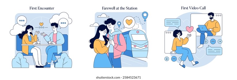 Long Distance Love set. Exploration of relationships marked by separation and connection. Encounters, farewells, and modern communication are pivotal moments shared. Celebrating love despite distance