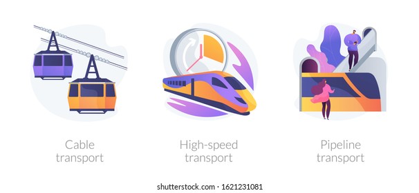 Long distance passenger vehicles cartoon icons set. Public subway. Cable transport, high-speed transport, pipeline transport metaphors. Vector isolated concept metaphor illustrations.