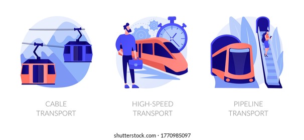 Cartoon-Symbole für Pkw im Fernverkehr. Öffentliche U-Bahn. Kabelverkehr, Hochgeschwindigkeitsverkehr, Metaphern für den Transport von Rohrleitungen. Vektorspezifische Metapher-Illustrationen zum Konzept.