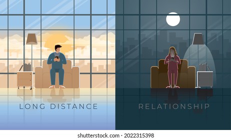 Long distance relation of men and women live in different time zone. Chat in a day with sunlight and a night with a full moon. Keep in touch by smartphone, social network connection and dating app.