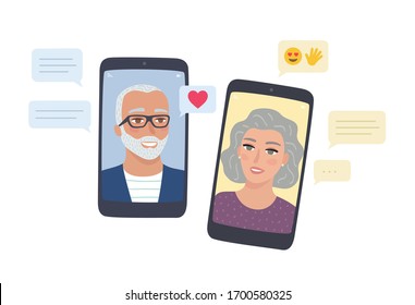 Long distance relationship and communication. Couple talking trough video call and messages on smartphone. Online dating app. Conversation of people via mobile phones. Flat style vector.