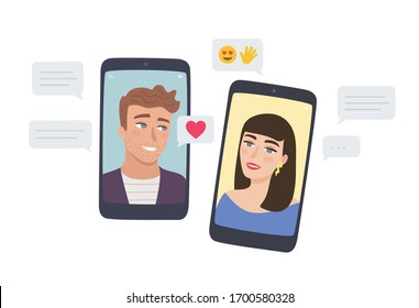 Long distance relationship and communication. Couple talking trough video call and messages on smartphone. Online dating app. Conversation of people via mobile phones. Flat style vector.