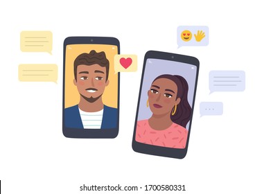 Long distance relationship and communication. Couple talking trough video call and messages on smartphone. Online dating app. Conversation of people via mobile phones. Flat style vector.