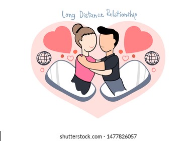 Long distance relationship concept handraw vector. Editable with layers. It's about faraway lover, connected and trust by internet and social media with smartphone like embraces each other.