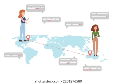 Long distance relationship concept, LGBTQ couple chatting on the phone, flat vector illustration on white background. Female gay partners on world map. Lesbians in long distance relationship.