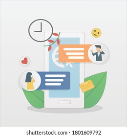 long distance relationship concept,Couples send messages and say they love each other via an online application on their smartphones,sent heart,emoji smile,mail,Different time,Vector illustration.