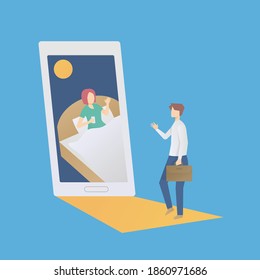 Long distance relationship concept,Husband and wife use smartphone video call in different place and time,love couple,Social media and mobile communication of couples,Vector illustration.