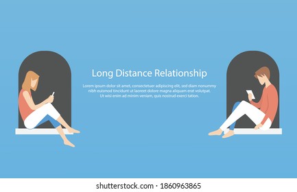 Long distance relationship concept,Men and women chat in different places,love couple,Social media and mobile communication of couples,Vector illustration.