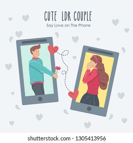 Long Distance Relationship Cute Couple On Phone Full Love Illustration