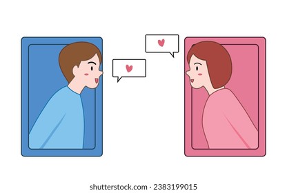 Long distance relationship and dating online concept. woman and man talking through cellphone. Romantic moment. Couple illustration