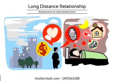 Long distance relationship of family. Husband working for money in difference time zone and Wife live at home to take care baby and house. They are trust each other. Editable layers hand draw vector.