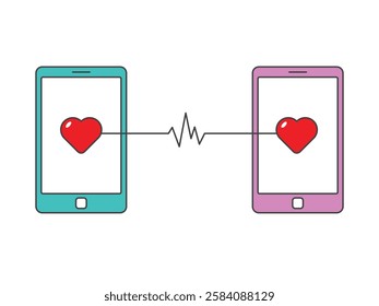 long distance relationship illustration showing two smartphones with a heart symbol connected to each other