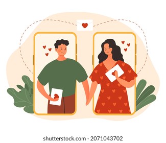 Long distance relationship. Man and girl stand and hold hands. Couple with envelopes surprise each other. Love, romance, happy family. Husband and wife stand together. Cartoon flat vector illustration