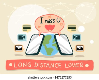 Long distance relationship now closer by Smartphone and internet. Drawing free hand vector illustration with separate layers