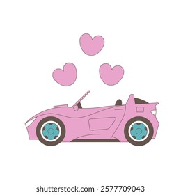 Long distance relationship now closer by old-school car. Valentine's Day. Flat vector illustration.