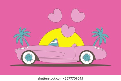 Long distance relationship now closer by old-school car in pink color. Valentine's Day. Flat vector illustration.