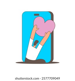 Long distance relationship now closer by Smartphone and internet. Valentine's Day. Flat vector illustration.