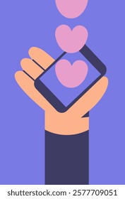 Long distance relationship now closer by Smartphone and internet. Valentine's Day with hand and heart. Flat vector illustration.