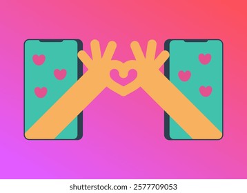 Long distance relationship now closer by Smartphone and internet. Valentine's Day with two people. Flat vector illustration.