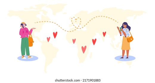 Long distance relationship of people flat style, vector illustration isolated on white background. People communicate by mobile phones, connection, heart symbols