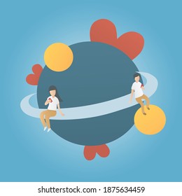 long distance relationship,Love and distant lovers of men and women,they use smartphone video call in different place and time,love couple,Social media and mobile communication,Vector illustration.