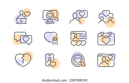Long distance relationships set icon. Dating website, date, app, texting, man, heart, laptop, phone, couple, calendar, like button, personal information. Love concept. Vector line icon for Business.