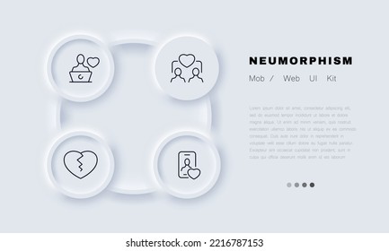 Long distance relationships set icon. Couple, dating app, website, laptop, phone, broken heart, betrayal, feelings. Love concept. Neomorphism style. Vector line icon for Business and Advertising.